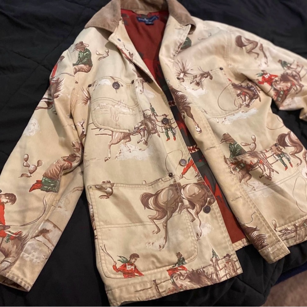 Vintage Polo Ralph Lauren Cowboy Western Chore Jacket Large All Over Print Horse